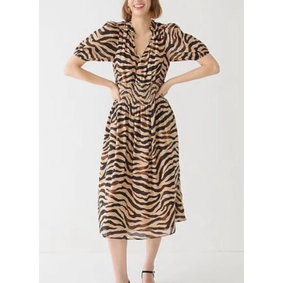 J.Crew Dresses & Skirts - J.Crew cotton voile smocked waist puff sleeve zebra tan dress M
